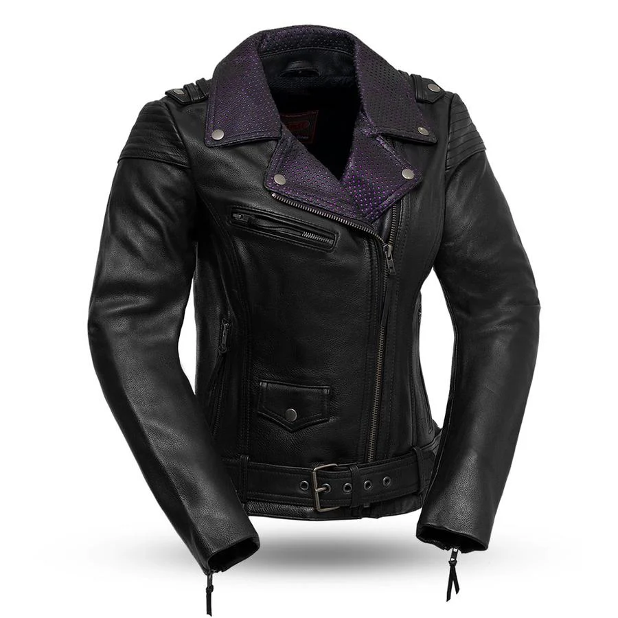 Excellent First Manufacturing FIL184CJS Women s The Iris Black Leather Motorcycle Jacket Secure