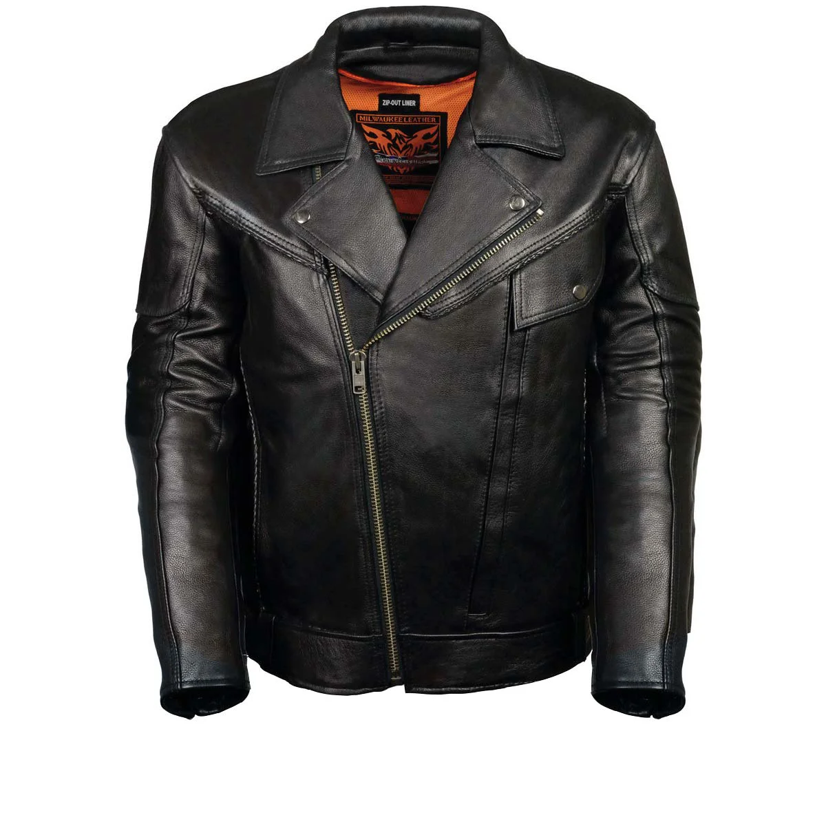 Fashionable Leather King ML1077 Men s Black Braided Leather Motorcycle Jacket with Utility Pockets Smooth