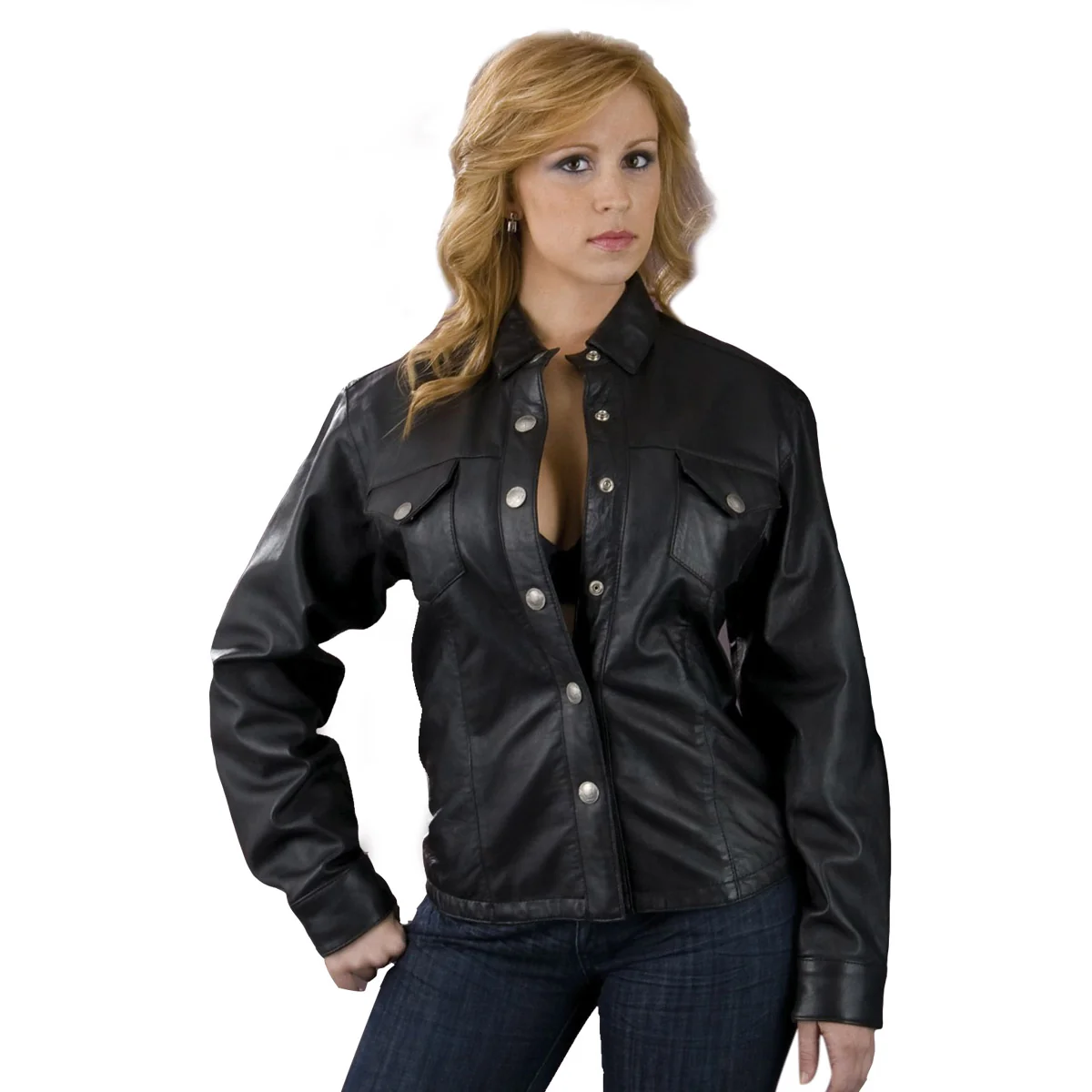 Top-Quality Leather King SH8028 Ladies Black Lambskin Leather Shirt Relaxed