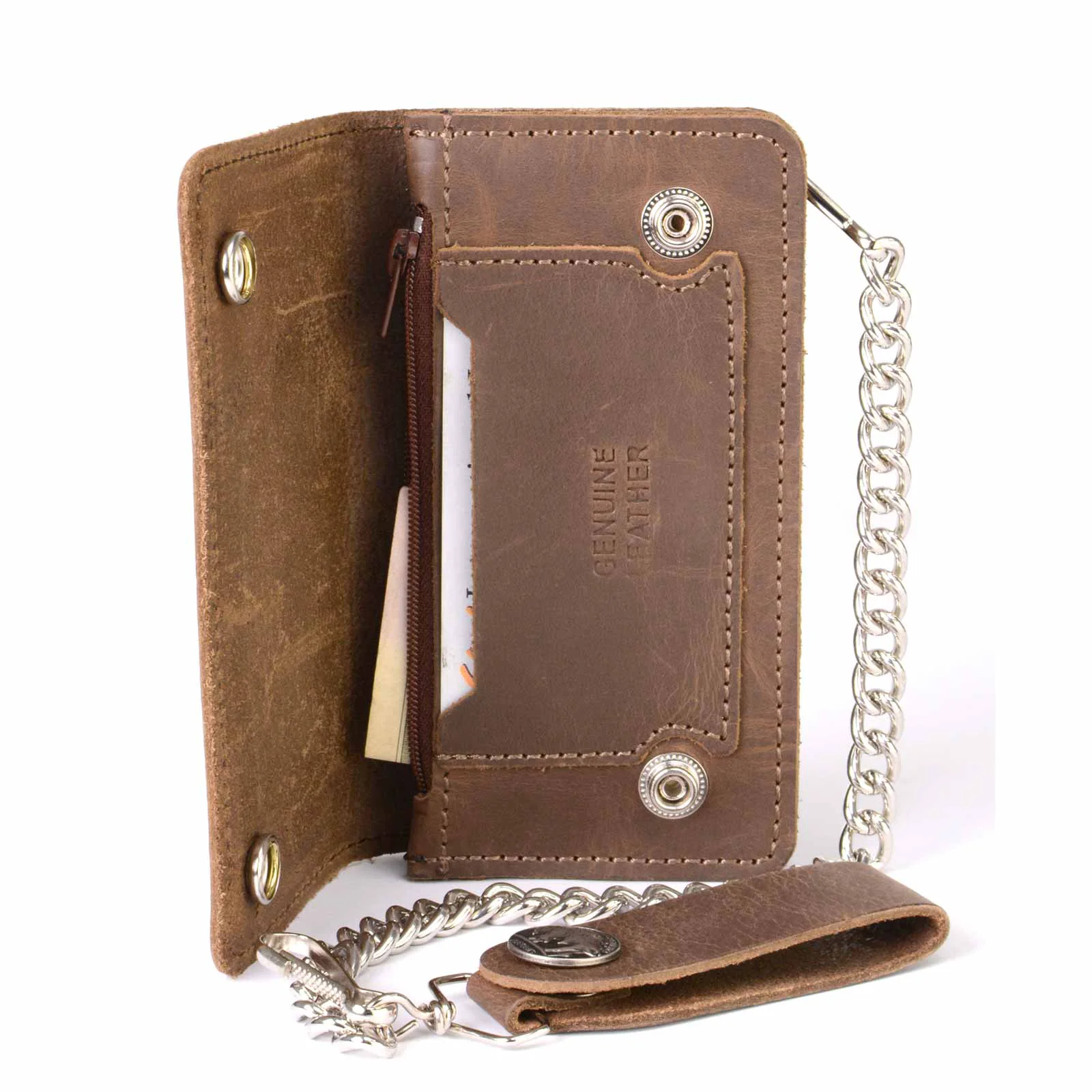 Pure Milwaukee Leather MLW7827 Men’s 6 Brown Leather Bi-Fold Biker Wallet w Anti-Theft Stainless Steel Chain and Buffalo Nickel Snaps Efficient