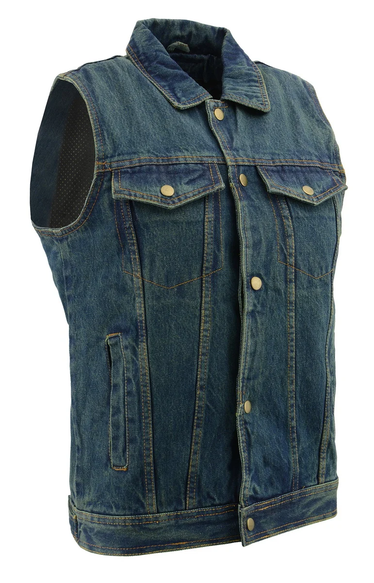 Efficient M Boss Motorcycle Apparel BOS13004 Men’s Blue Denim Motorcycle Side Lace Vest with Shirt Style Collar Dependable