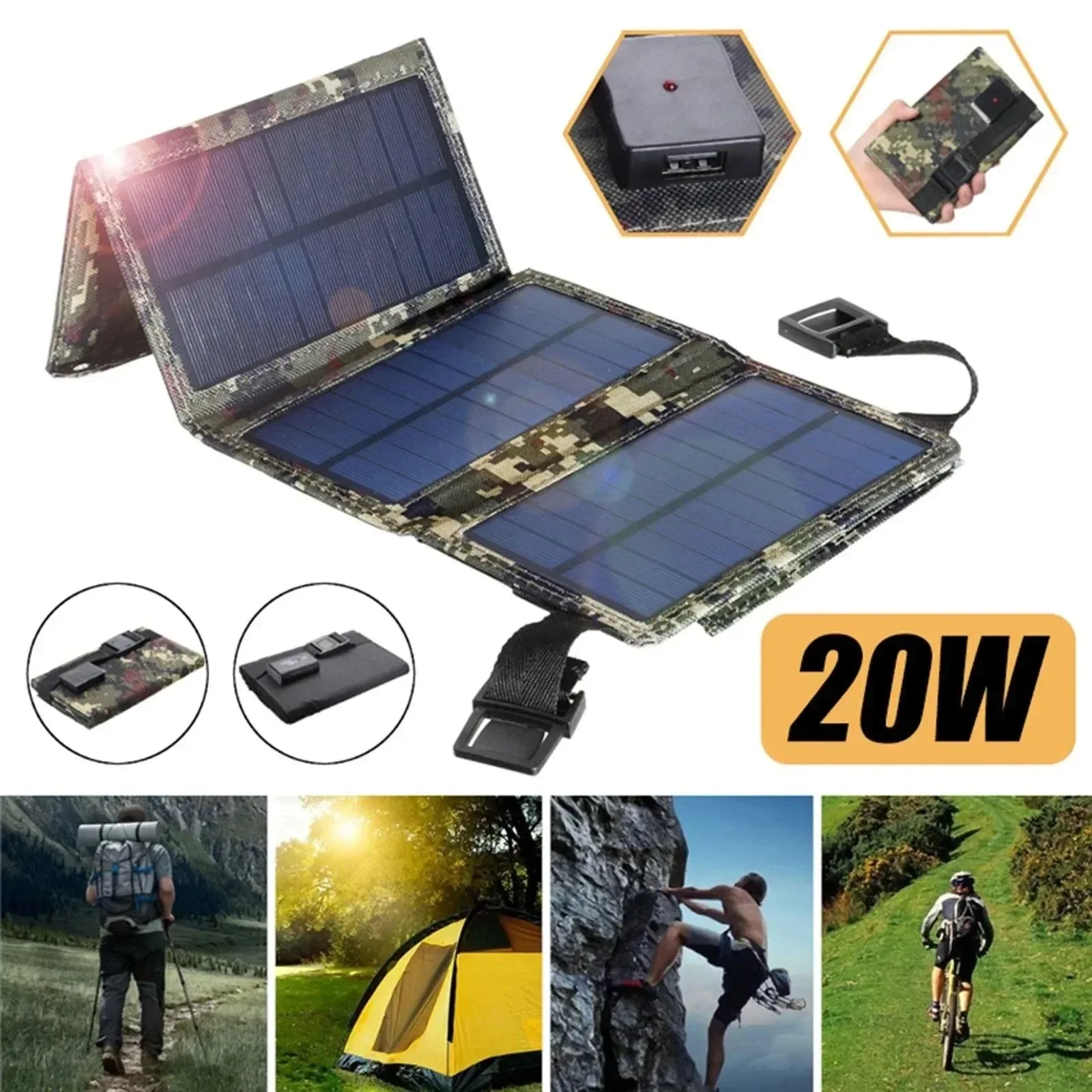 Eco-Friendly 20W 5V Foldable USB Solar Panel Battery Charger for Camping and Hiking Organic