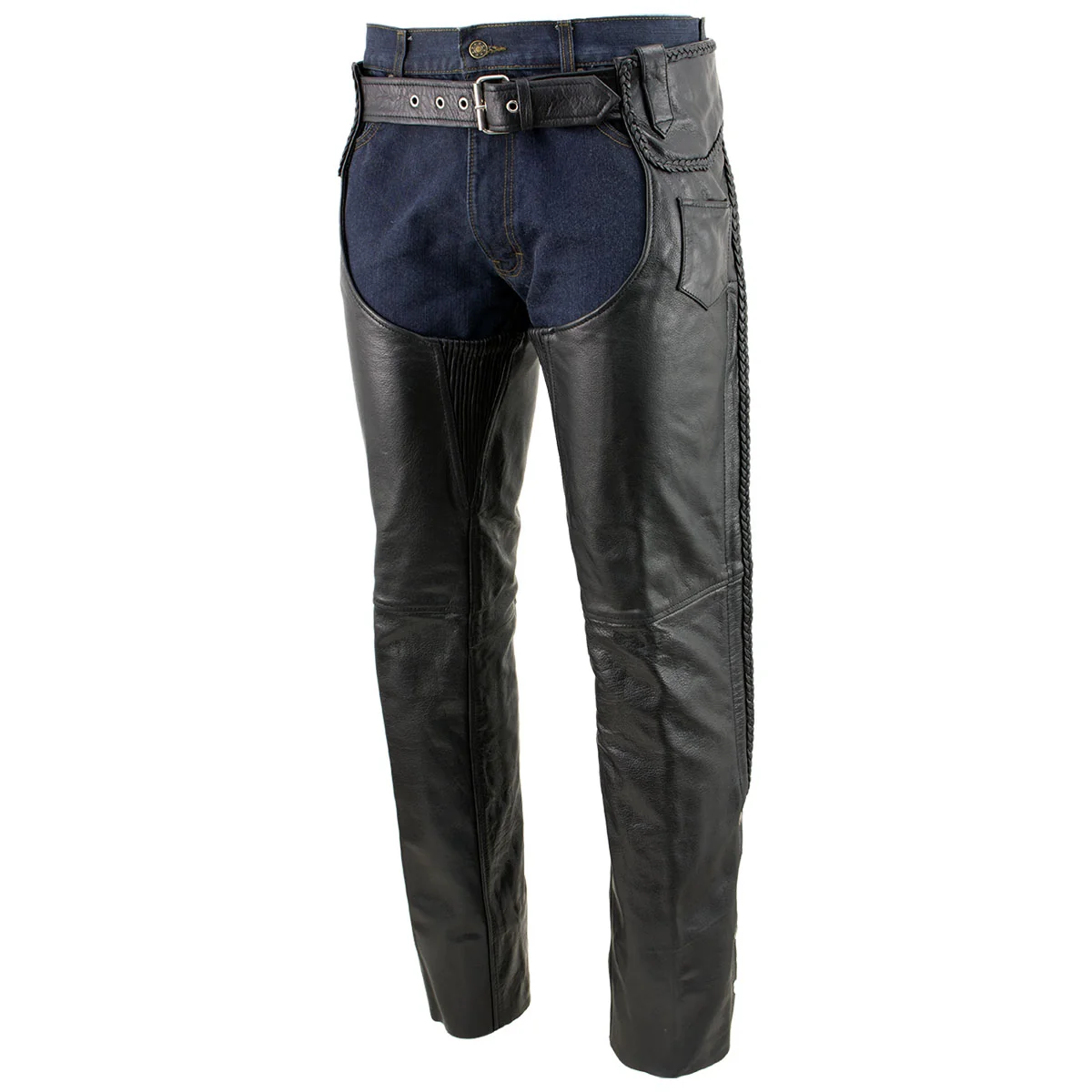 Artisan Milwaukee Leather Men’s Braidline Black Buffalo Leather Motorcycle Chaps w Elastic Thigh Panels – LKM5724 Exclusive