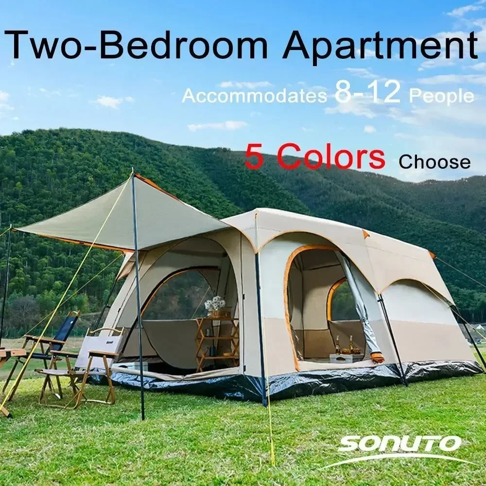 High-Grade Camping Tent 3-12 Person Double Layers Oversize Rainproof Outdoor Family Camp Tour Equipment Convenient