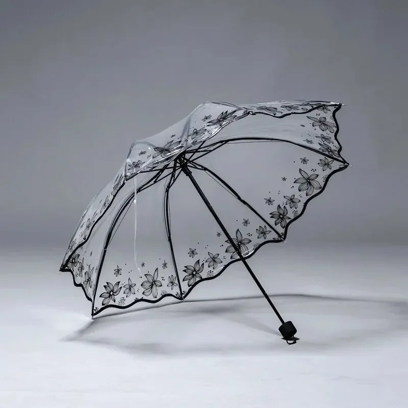 Convenient Romantic Transparent Three-Fold Umbrella – Thick PVC Clear Automatic Umbrella with Floral Print Comfortable