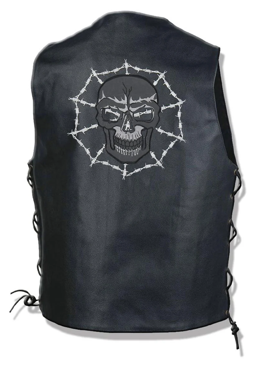 Enhanced NexGen ML4391 Men s 10 Pocket Black Leather Vest with Back Spider Web Skull Embroidery World-Class