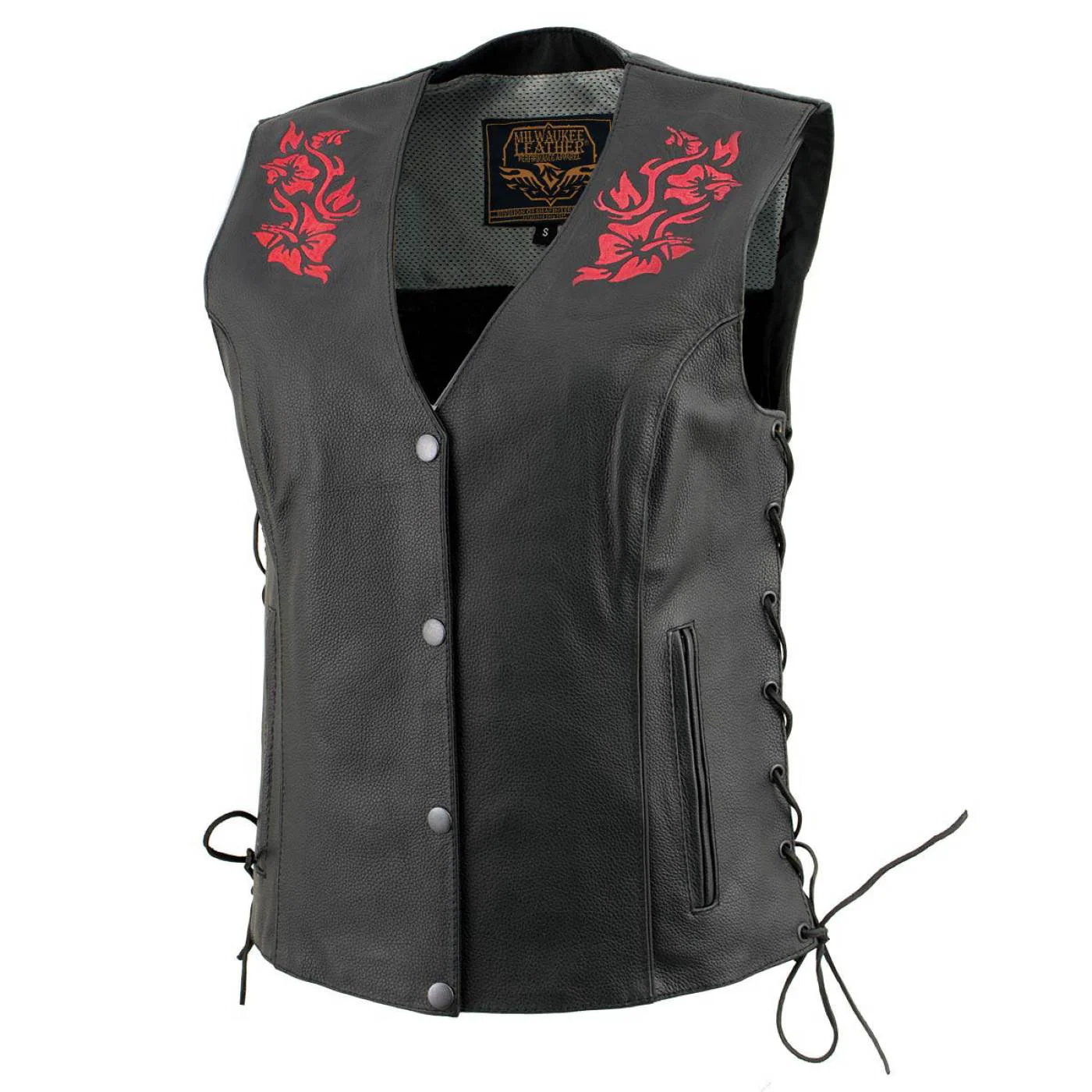 Trendy Milwaukee Leather Women’s Gemma Black Red Leather Motorcycle Vest with Side Laces – LKL4718 Fast