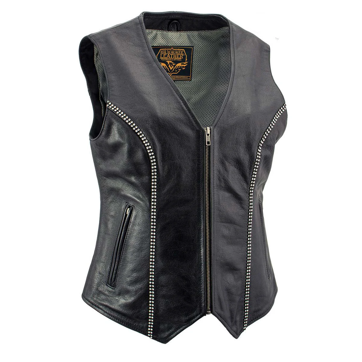 High-Performance Milwaukee Leather Women’s ‘Bling’ Black Leather V-Neck Motorcycle Rider Vest with Rhinestone Detail – LK4721 Crafted