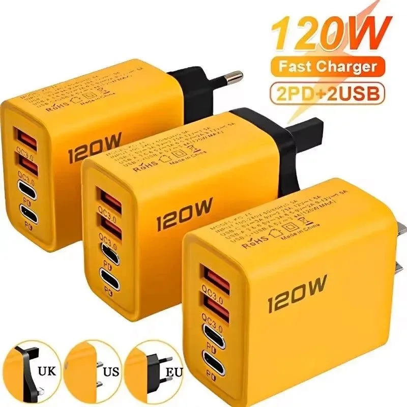 Versatile 4-Port USB C Fast Charger with PD QC 3.0 – 120W High-Speed Charging Hub for iPhone Samsung Xiaomi Huawei and More Exclusive