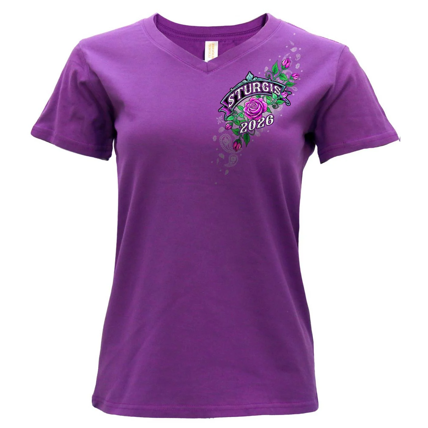 Convenient 2026 Ladies Sturgis Motorcycle Rally Cross de Lis Purple Short Sleeve V-Neck T-Shirt – SPL1941 Breathable