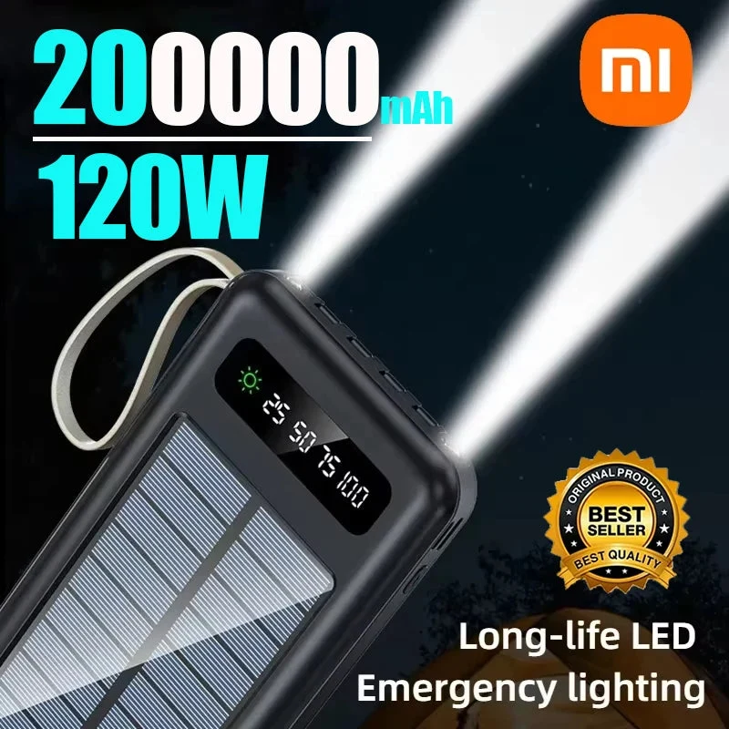 Selected 200000mAh Solar Power Bank – Ultra High Capacity Fast Charging Portable Charger with Built-in Cables LED Light Recyclable