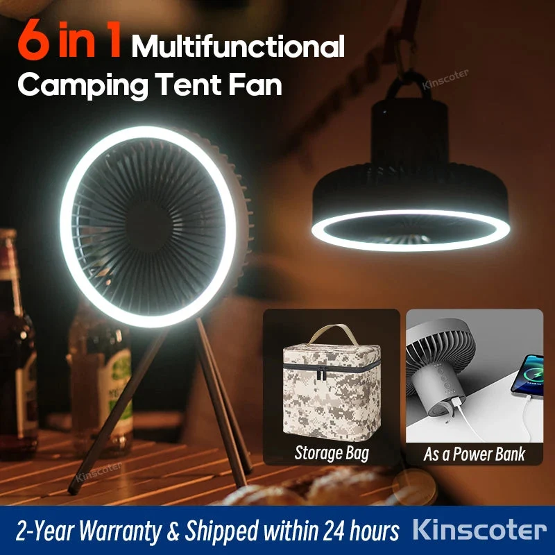 Expertly Made 10000mAh Rechargeable Camping Fan with Power Bank LED Light Adjustable Tripod – 3-in-1 Outdoor Fan Certified