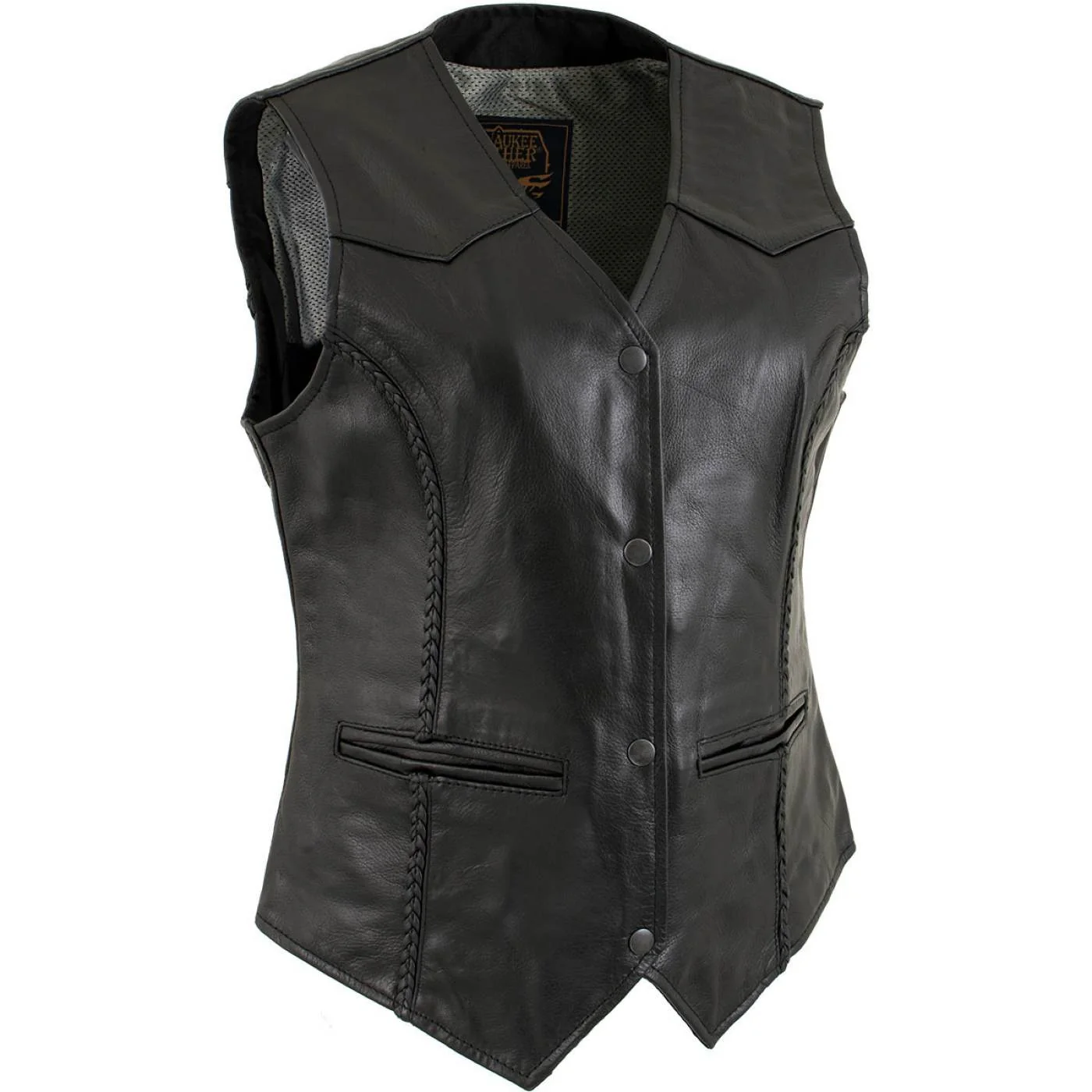 Stylish Milwaukee Leather Women’s Road Queen Black Braided Buffalo Leather Motorcycle Vest – LKL4713 Detailed