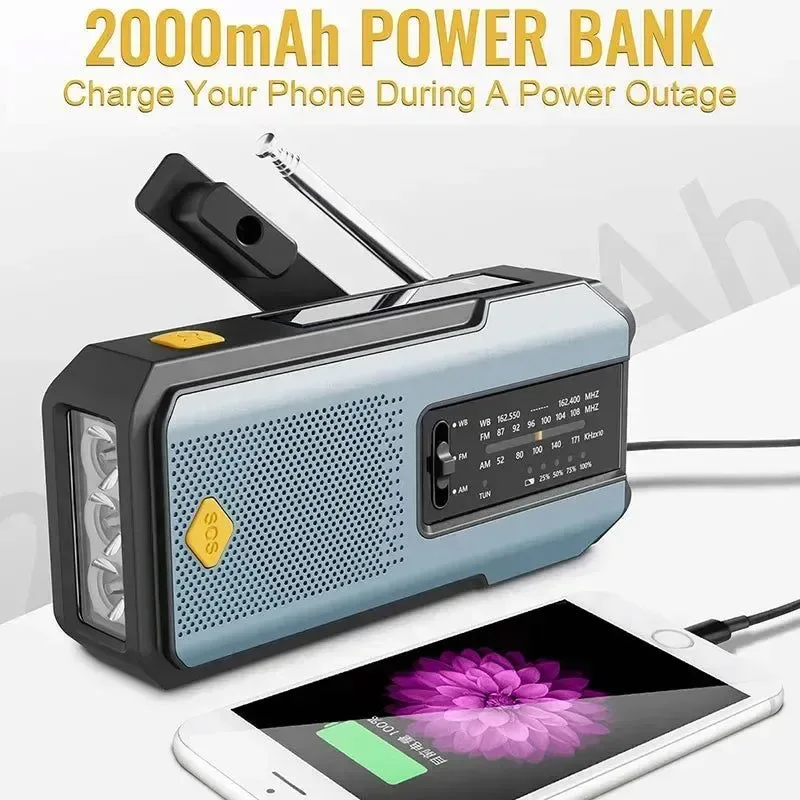 Solid Radio solar multifuncional con carga USB – FM AM WB de emergencia con linterna LED y batería externa 2000 mAh Eco-Friendly