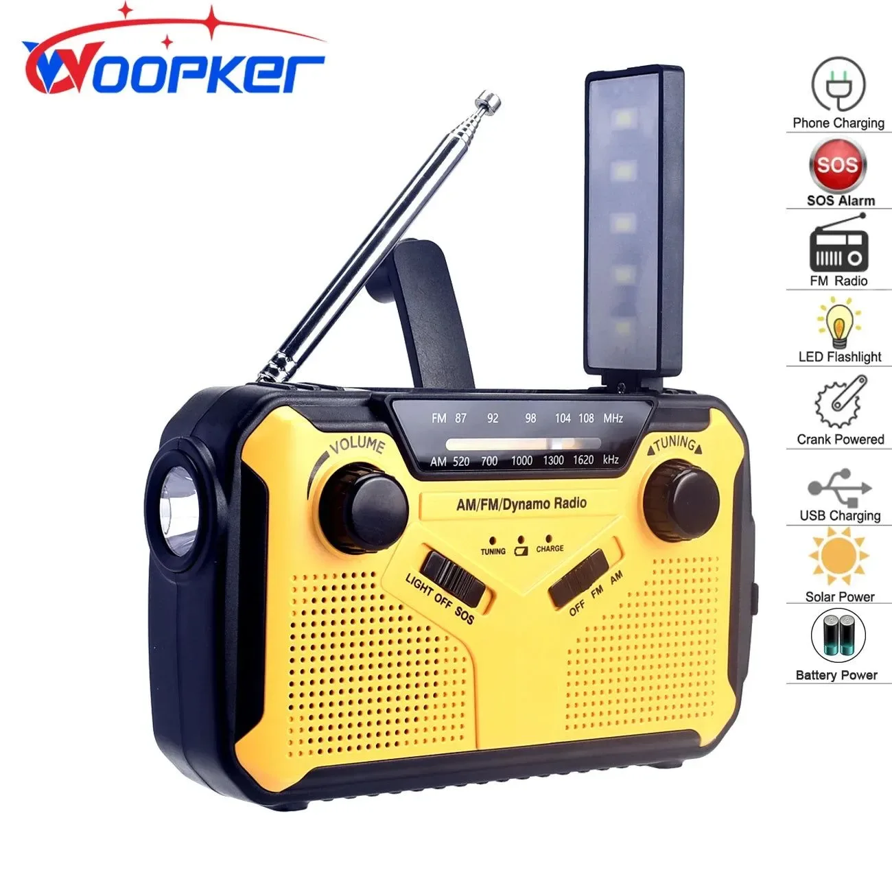 Modern Radio de emergencia manivela solar linterna recargable por USB AM FM alarma SOS y banco de energía Official
