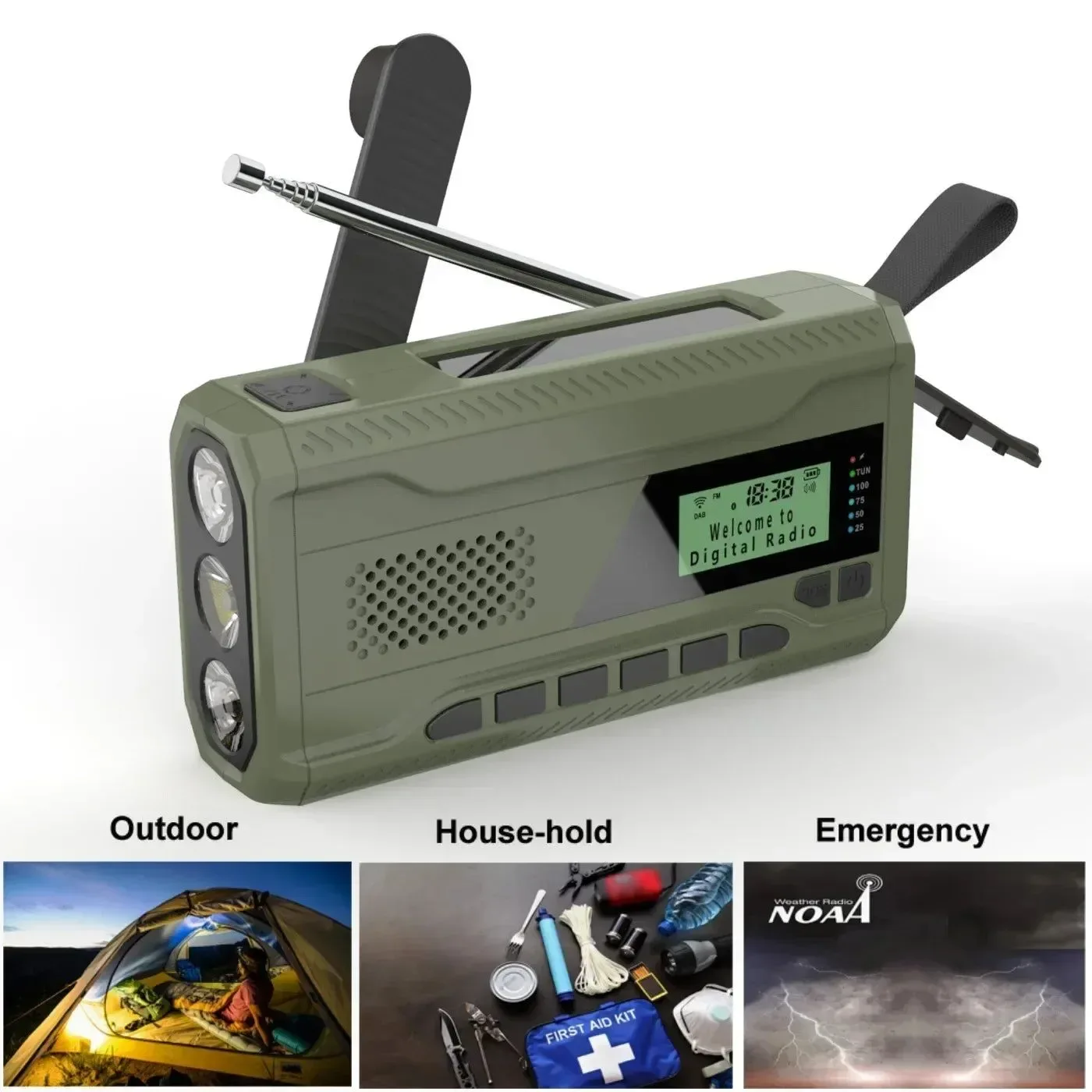 Lightweight Radio de emergencia NOAA DAB FM receptor de radio solar portátil dinamo de manivela altavoz Bluetooth para exteriores con linterna LED Exclusive