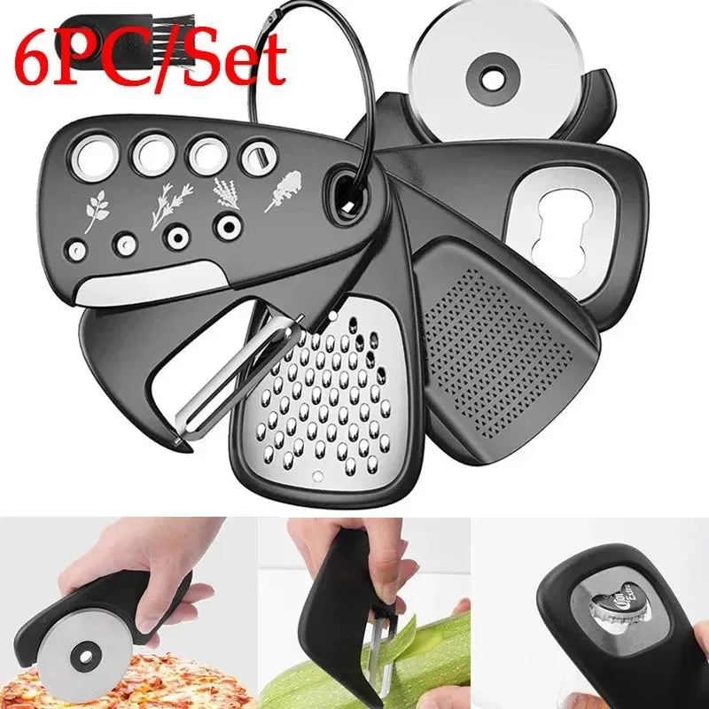 Crafted Juego de 6 utensilios de cocina abrebotellas de queso pelador de verduras cortador de pizza molinillo de ajo deshierbador de hierbas – Utensilios de cocina de camping Genuine