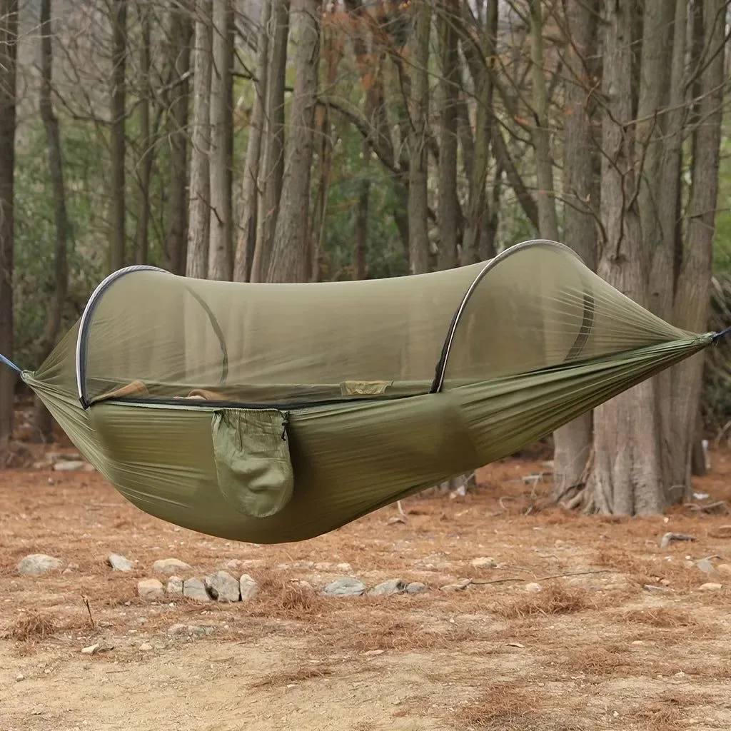 Secure Hamaca portátil para acampar con mosquitero hamaca de nailon de montaje rápido para relajarse al aire libre. Relaxed