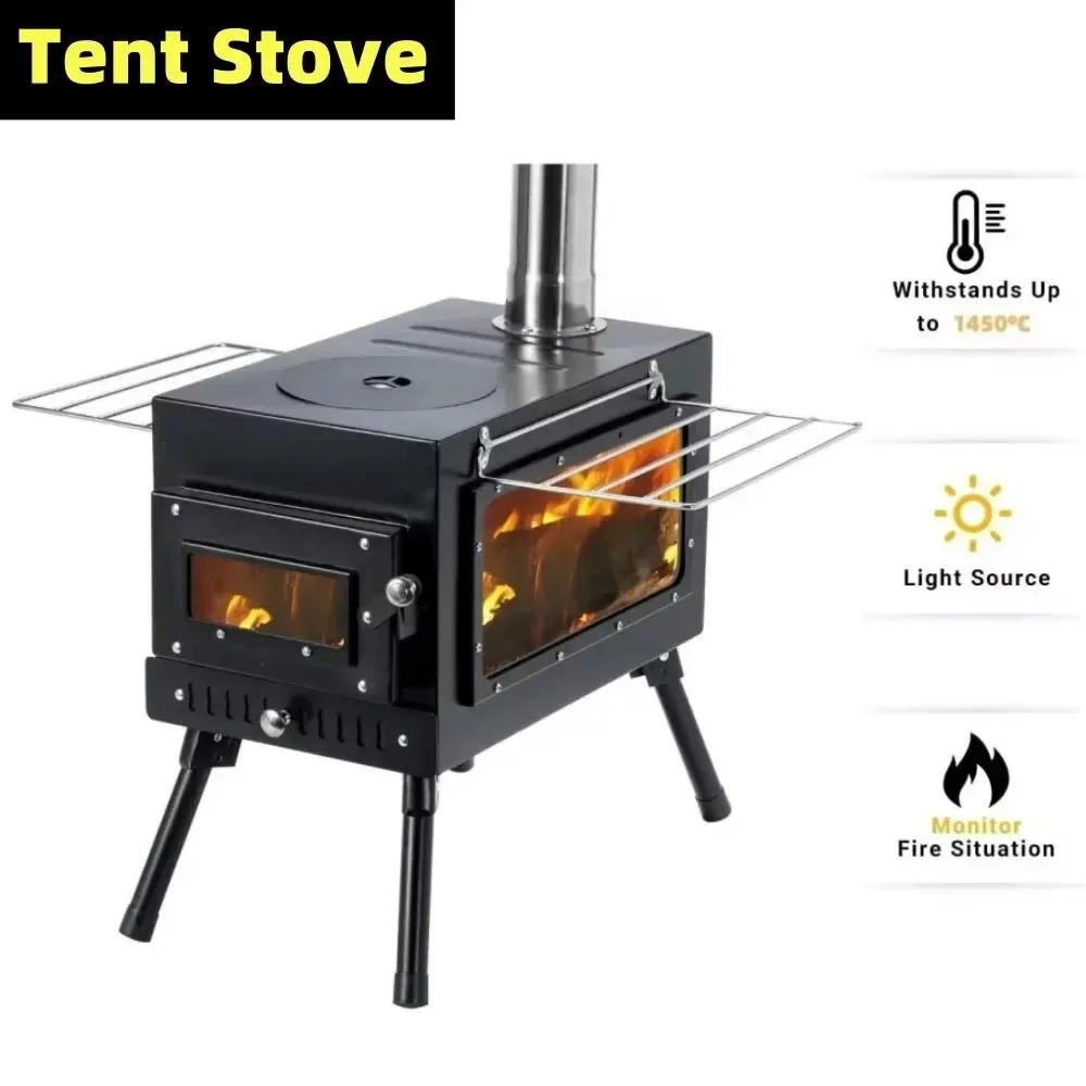 Lightweight Portable Stainless Steel Tent Stove Wood Burning Stove with Chimney Pipe for Camp Heating Cooking Pure