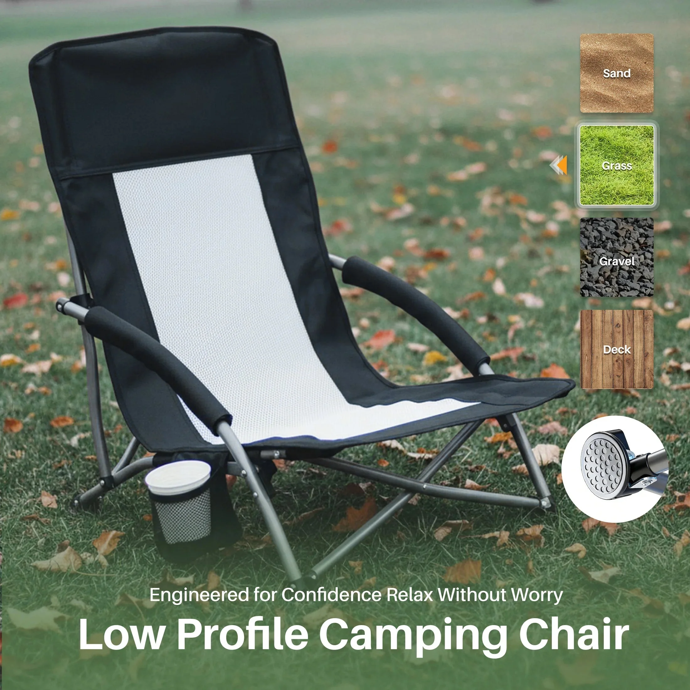 World-Class JHK Portable Low Folding Beach Chair – Mesh Back Padded Armrests Cup Holder Storage Pocket for Beach Camp Picnic Professional