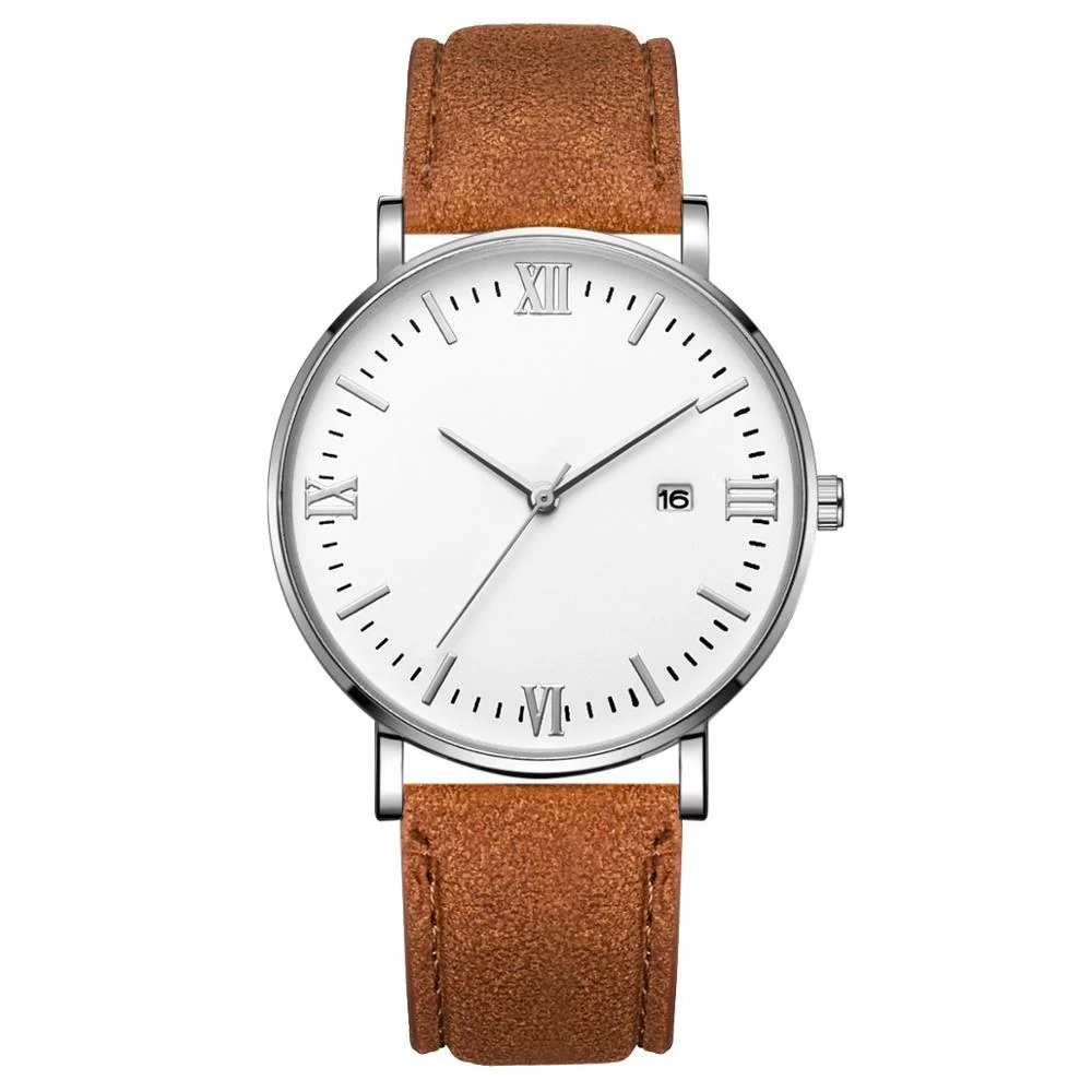 Recyclable Flavio Classic Elegant Watch with White Dial and Brown Belt Organic