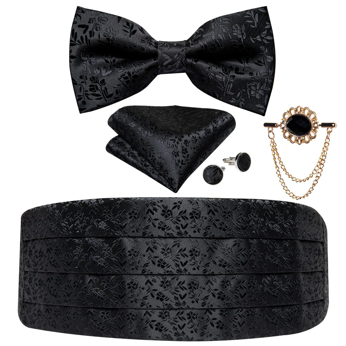 Carefully Designed Black Jacquard Silk Cummerbund Set Convenient