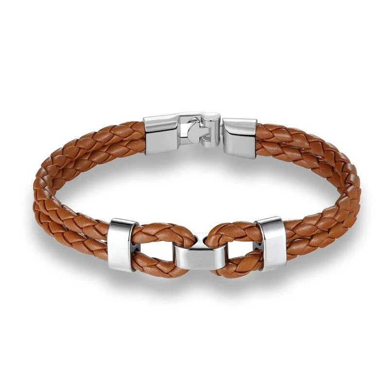 Carefully Designed Matte Silver Double Shackle Braided Leather Bracelet Artisan