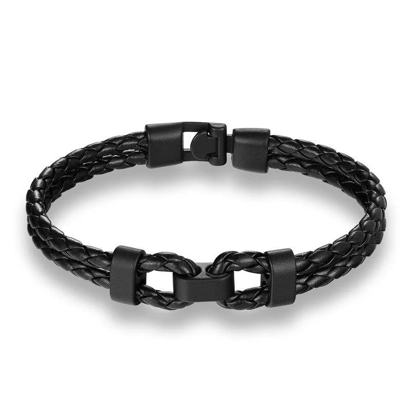 High-Quality Matte Black Double Shackle Braided Leather Bracelet Easy-to-Use