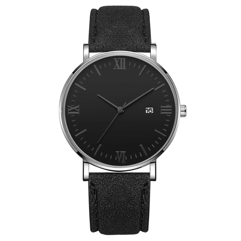 Traditional Flavio Elegante reloj clásico con esfera negra y correa de piel Pure
