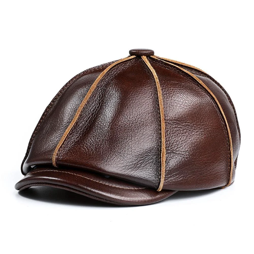 Top-Quality Leather Newsboy Cap With Ear Flaps Sophisticated