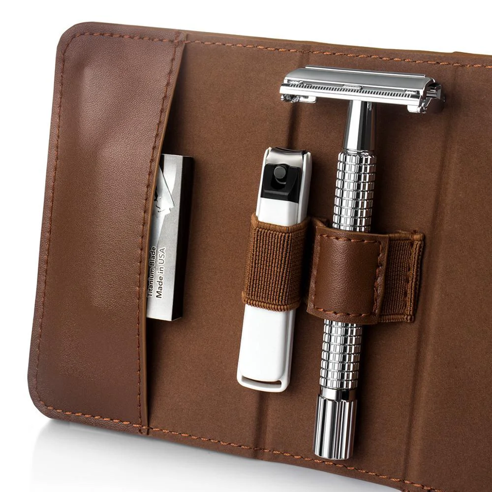 Lightweight Safety Razor Travel Shaving Kit With Vintage Leather Case Proven