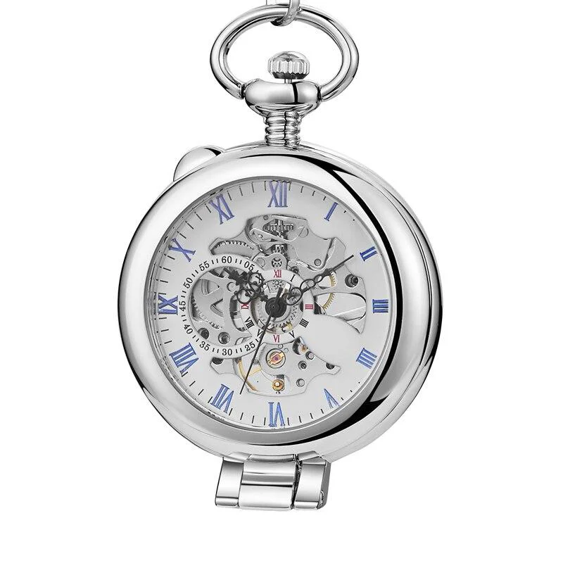 World-Class Olaf Orkina Mechanical Skeleton Pocket Watch Silver Elite