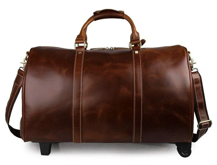 Secure Theodore Full Grain Leather Trolley Duffel Luggage Bag Fast