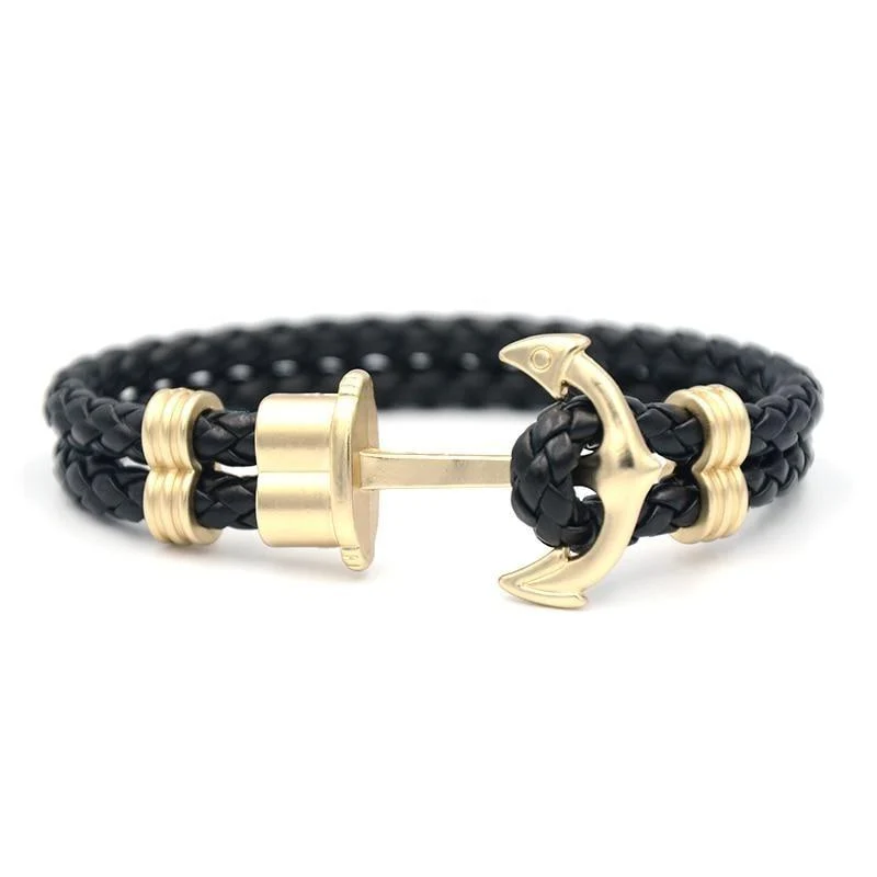 Crafted Oliver Golden Anchor Braided Leather Bracelet Breathable