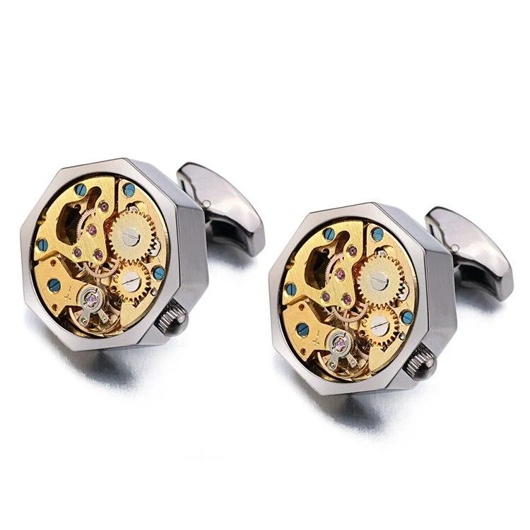 Sophisticated Hexagon Gold-Tone Mechanical Movement Cufflinks Organic