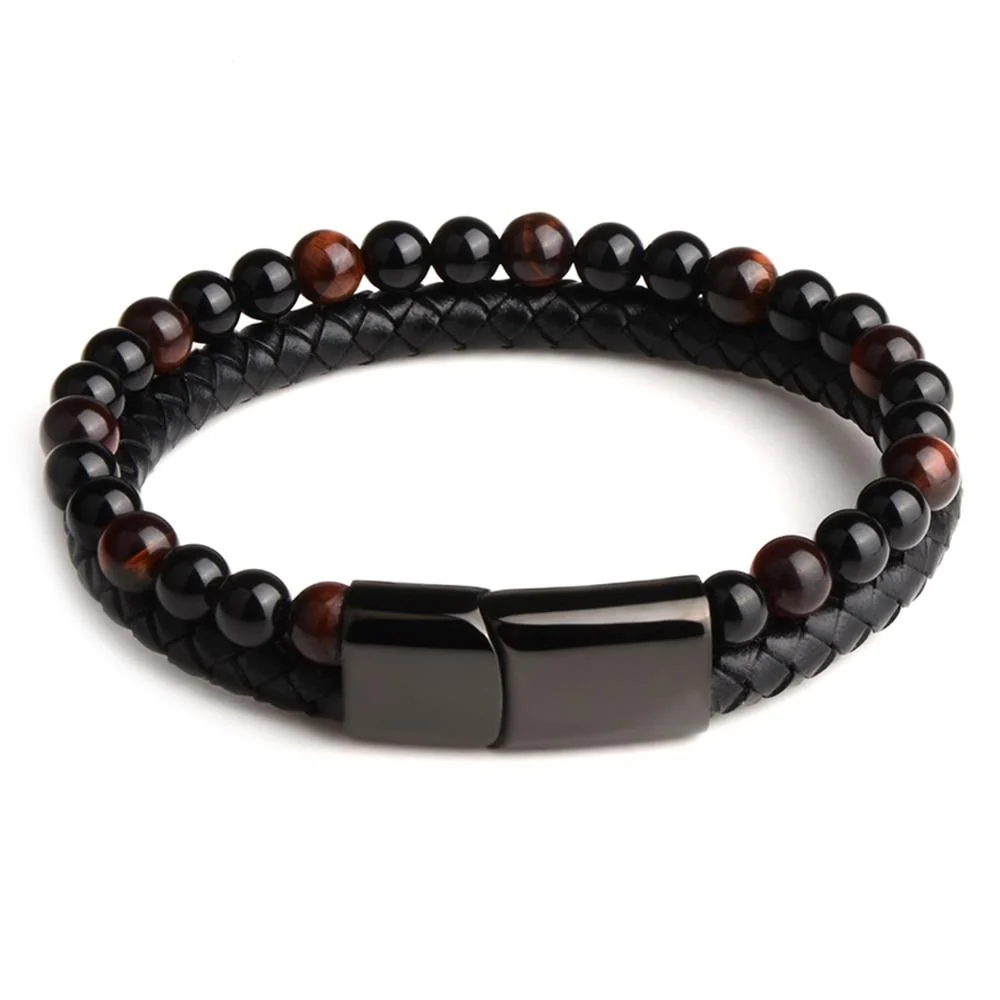 Trendy Pulsera de cuentas de piedra natural y cuero Exclusive