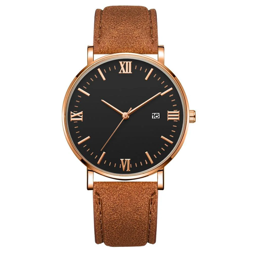 Fine Flavio Elegante reloj clásico con esfera negra y correa marrón Convenient