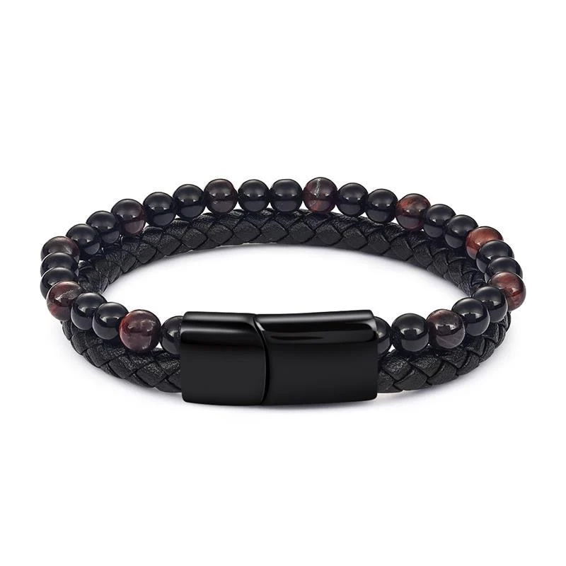 Green Jose Pulsera de cuentas de piedra natural y cuero High-End
