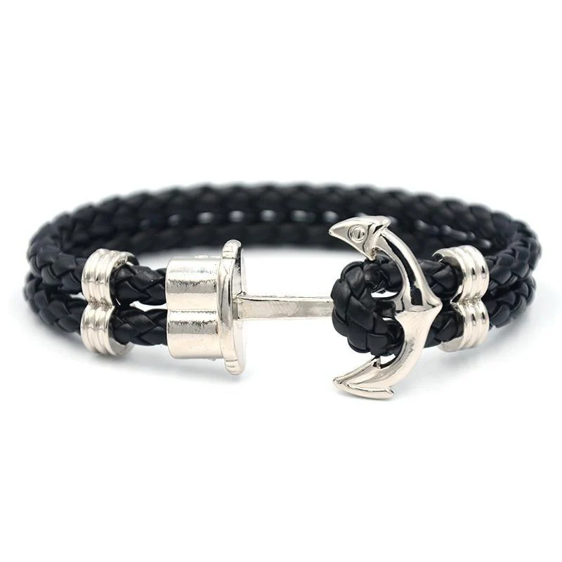 Smart Oliver Ancla de plata pulsera de cuero trenzado Traditional