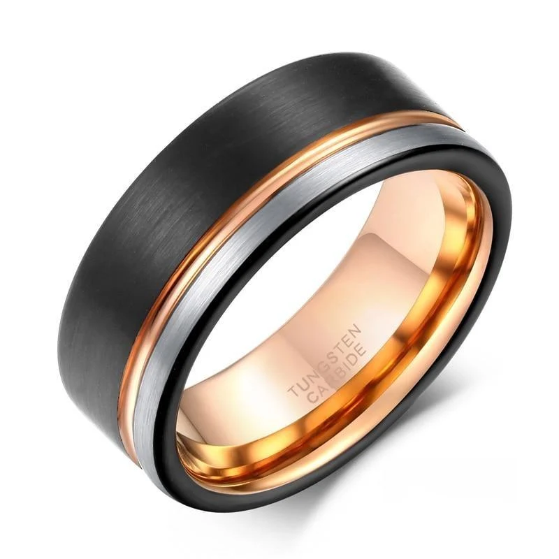 Artisan Leonardo Anillo cepillado de carburo de tungsteno y línea de oro rosa Genuine