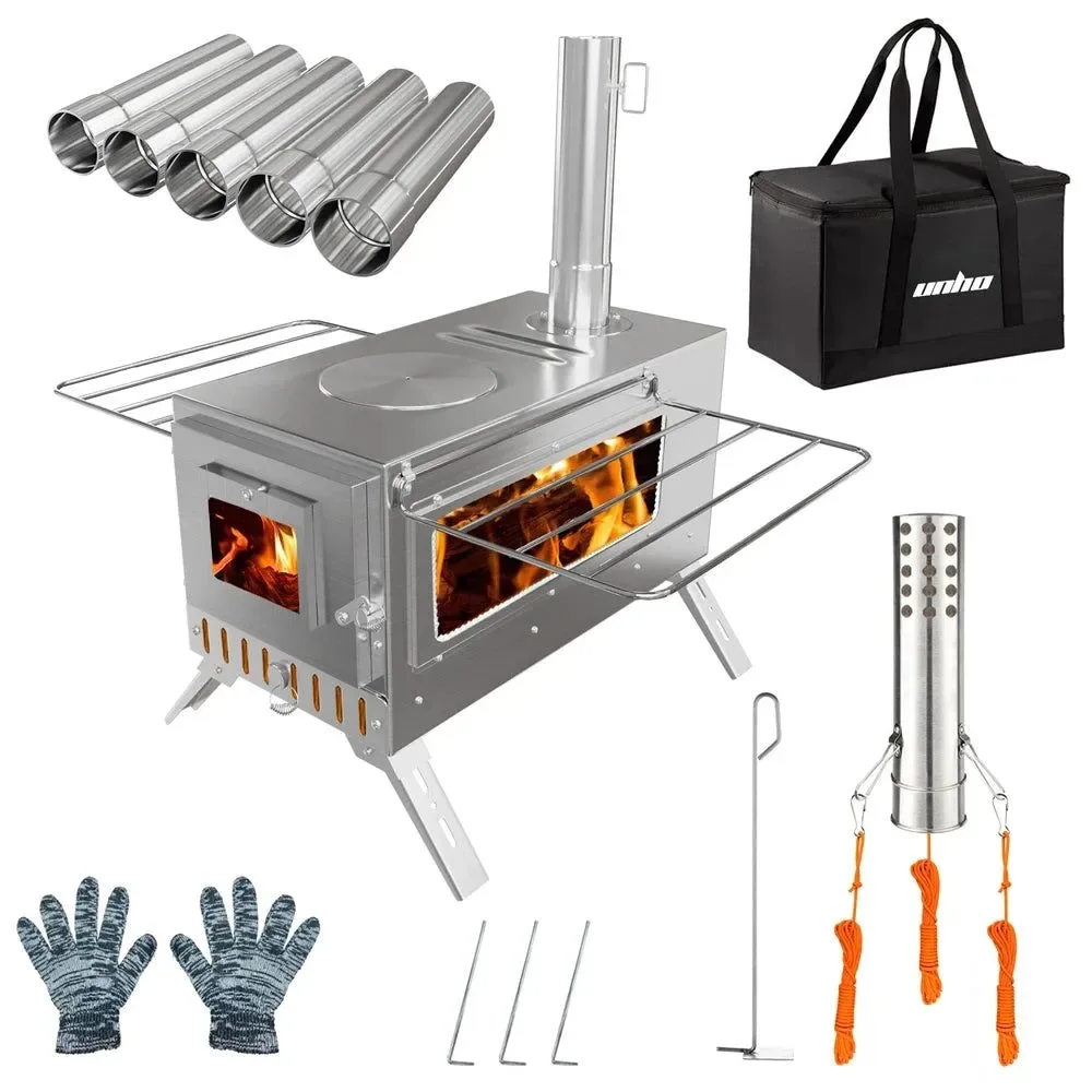 Fast Portable Hot Tent Stove with 6 Chimney Pipes Stainless Steel Wood Burning Stove for Camping Heating Cooking Comfortable