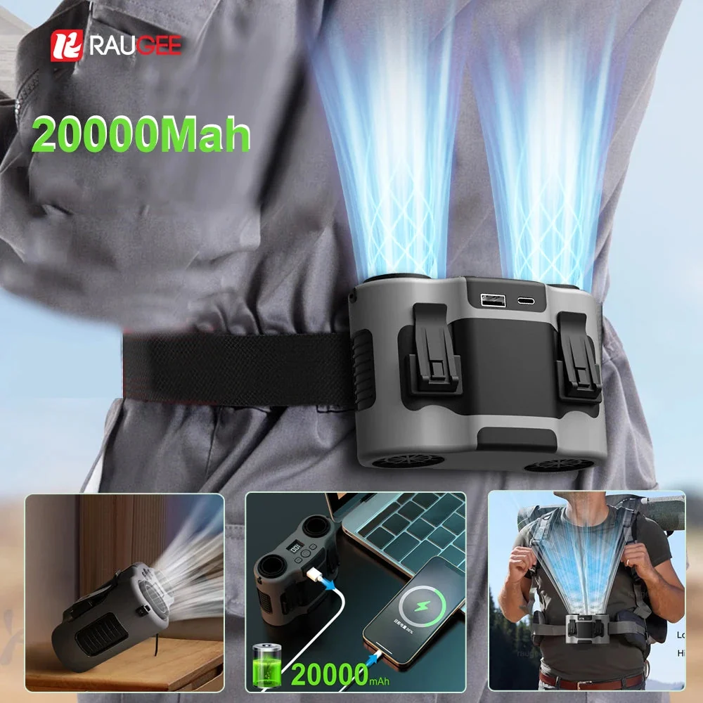 High-Grade 20000mAh Wearable Waist Clip Fan – Dual Air Outlet USB Rechargeable Hands- Cooling for Hiking Outdoor Work Genuine
