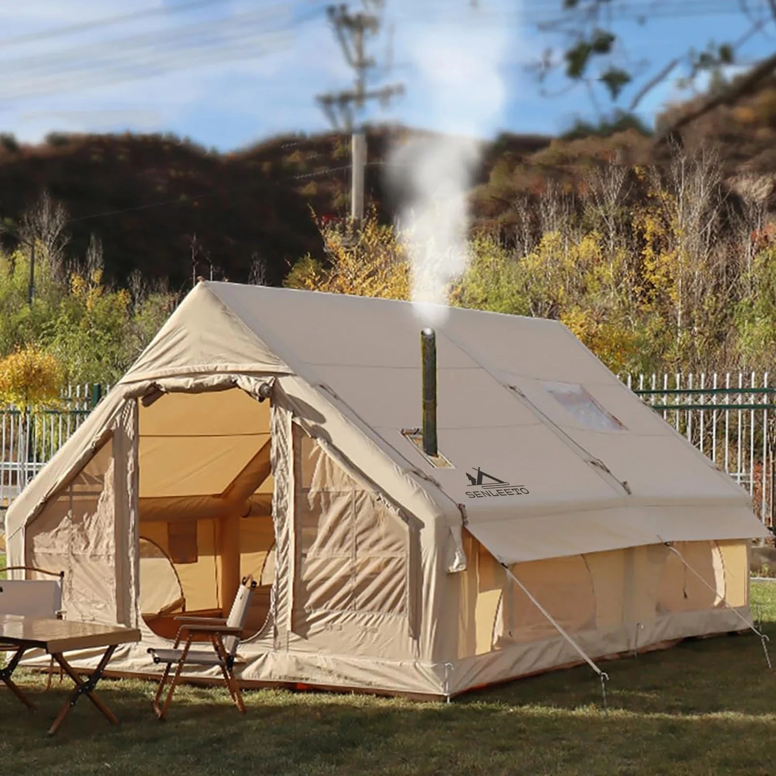 Soft SENLEETO Portable Inflatable Camping Tent – 2 to 8 Person 420D Oxford 4-Season Blow-Up Tent with Skylight Stove Jack AC Vent Artisan