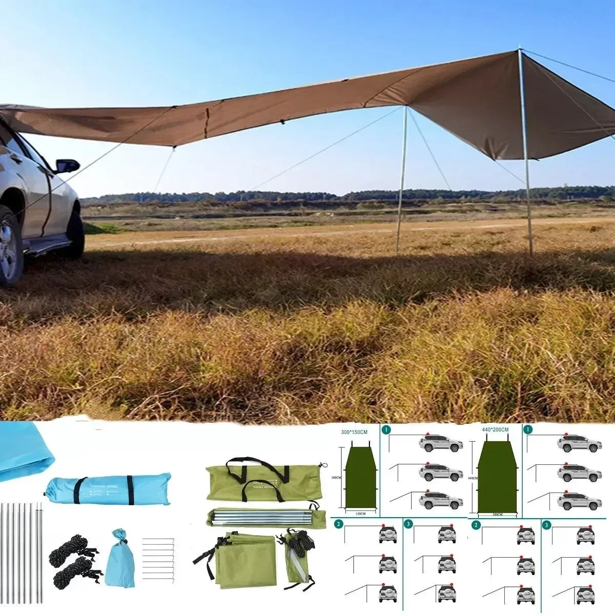 Classic Toldo portátil para coche toldo de techo toldo impermeable sombrilla toldo de lluvia para SUV y Jeep. Reusable