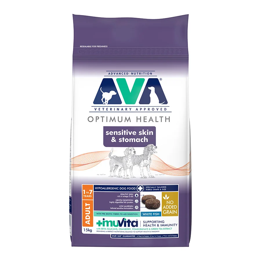 Certified AVA Optimum Health Sensitive Skin Stomach Dry Dog Food 15kg Consistent