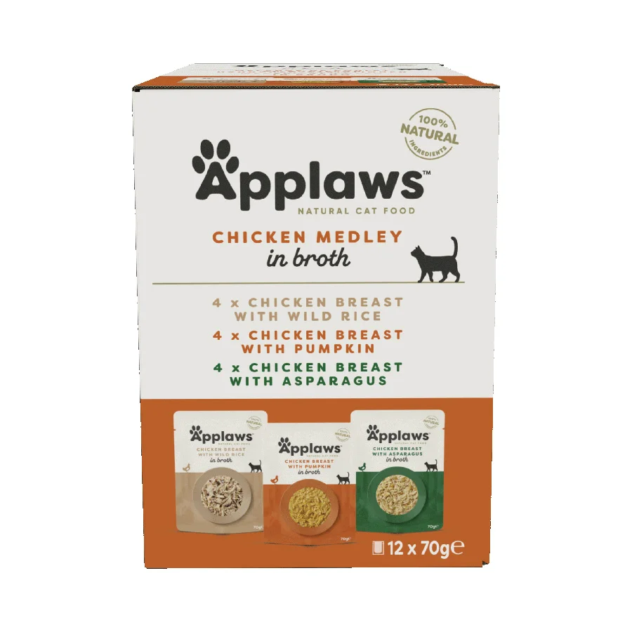 Relaxed Applaws Natural Wet Adult Cat Food Chicken Medley in Broth 12x70g Pouches Healthy