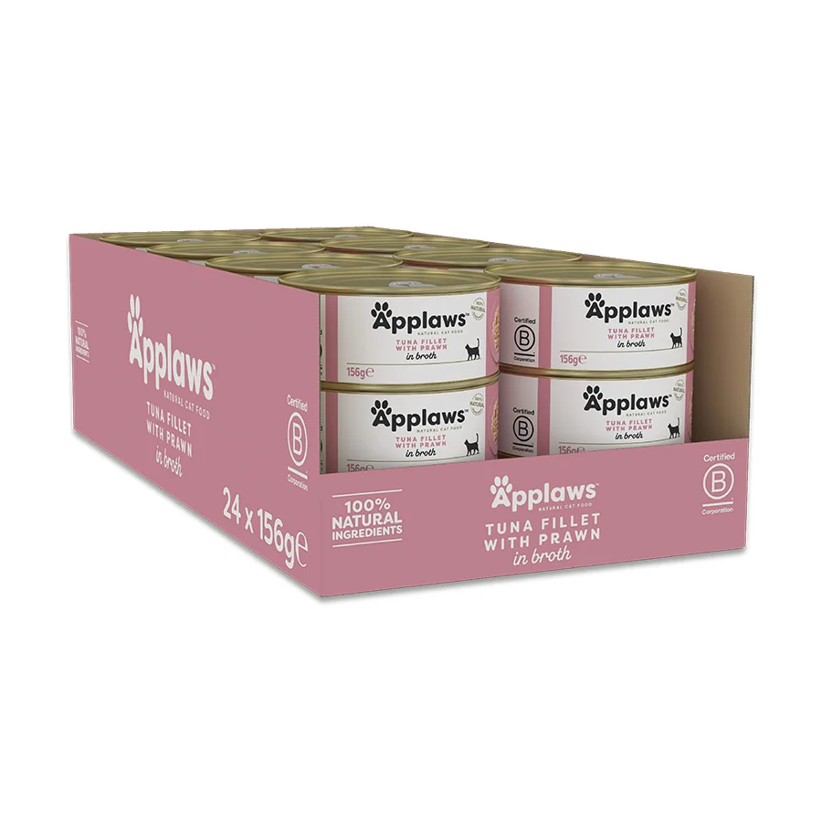 Official Applaws Natural Wet Adult Cat Food Tuna Fillet with Prawn in Broth 24x156g Tins Enhanced