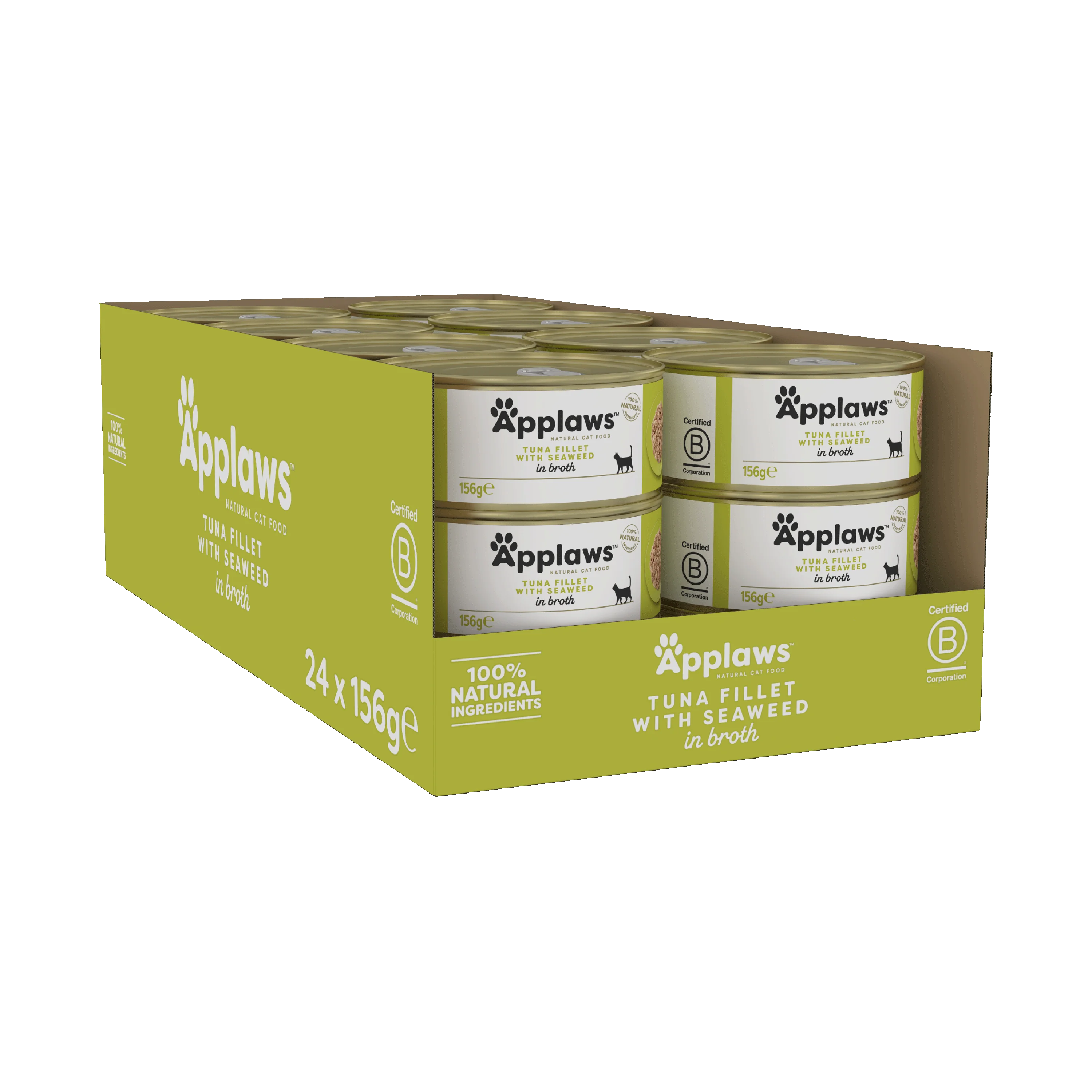 Lightweight Applaws Natural Wet Adult Cat Food Tuna Fillet with Seaweed in Broth 24x156g Tins Official