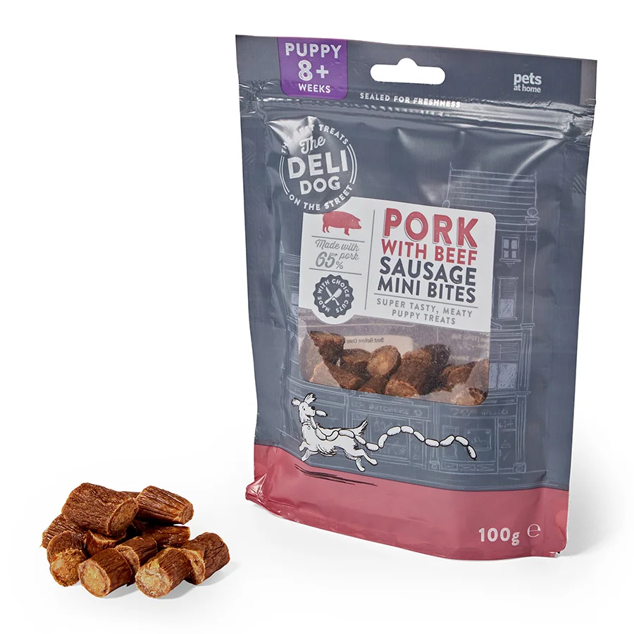 Original Design The Deli Dog Mini Bites Treats Pork with Beef Sausage 100g Professional