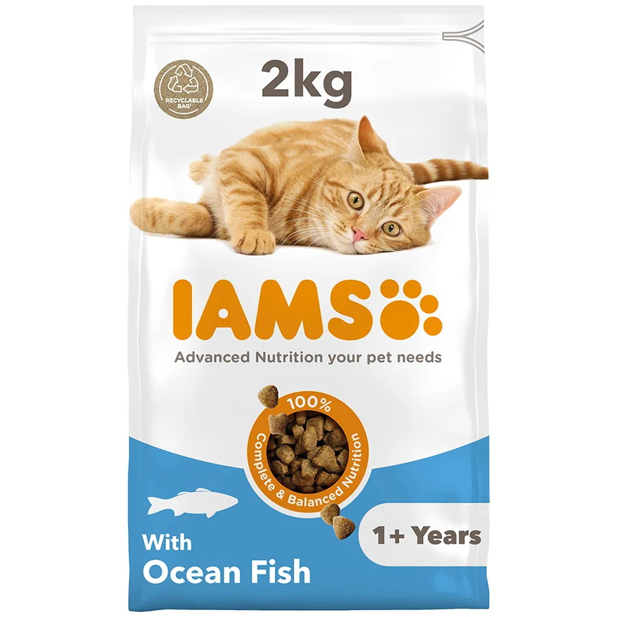 Authentic Iams Adult Dry Cat Food Ocean Fish 2kg Reusable
